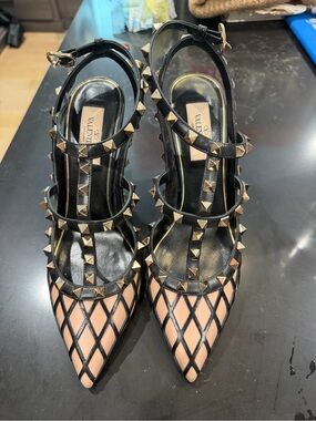 Valentino Black Cage Pointed Pump with Nude Underlay and Gold Studs